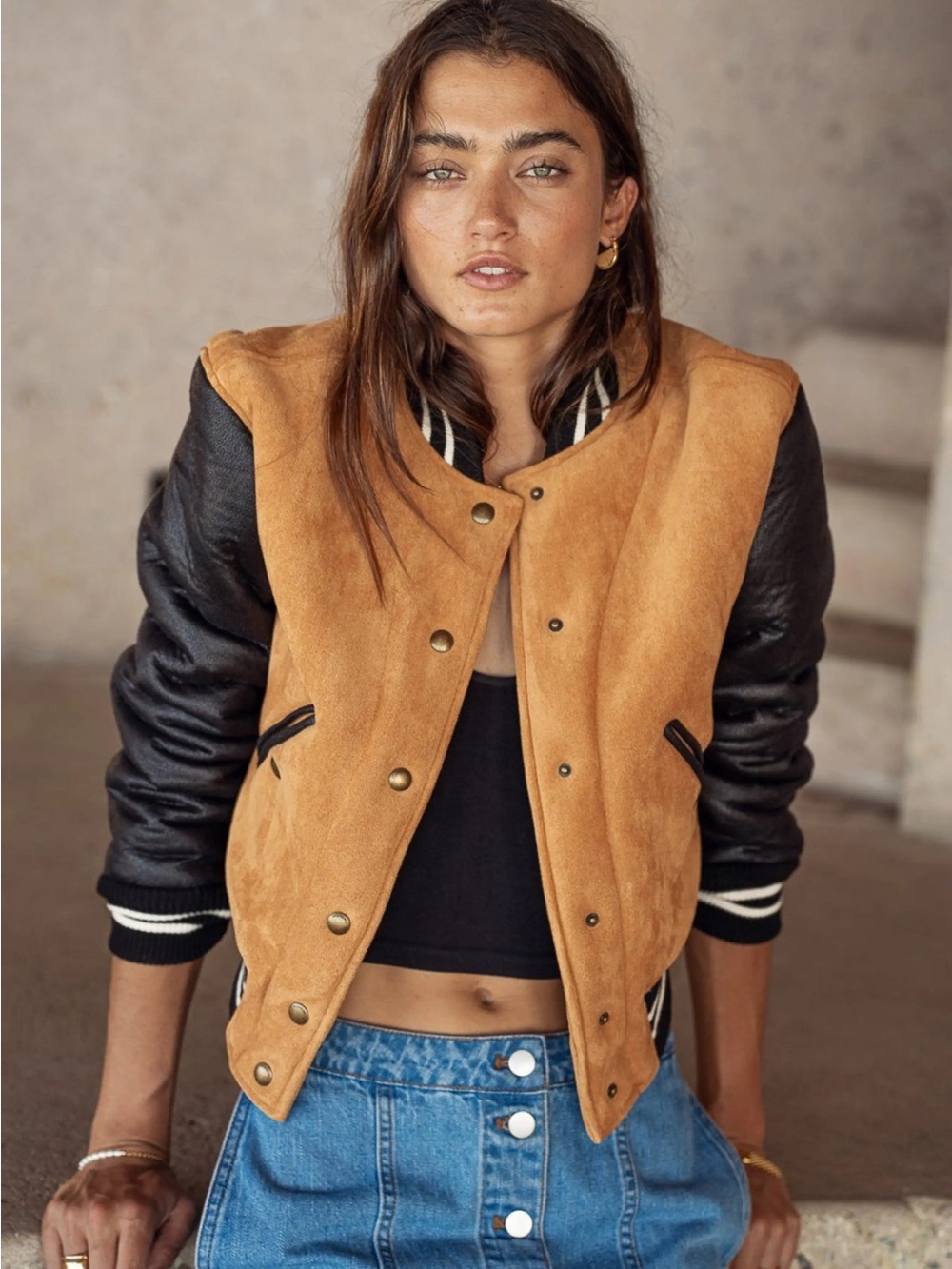 Blank NYC Tan Suede Varsity Jacket with Black Leather Sleeves